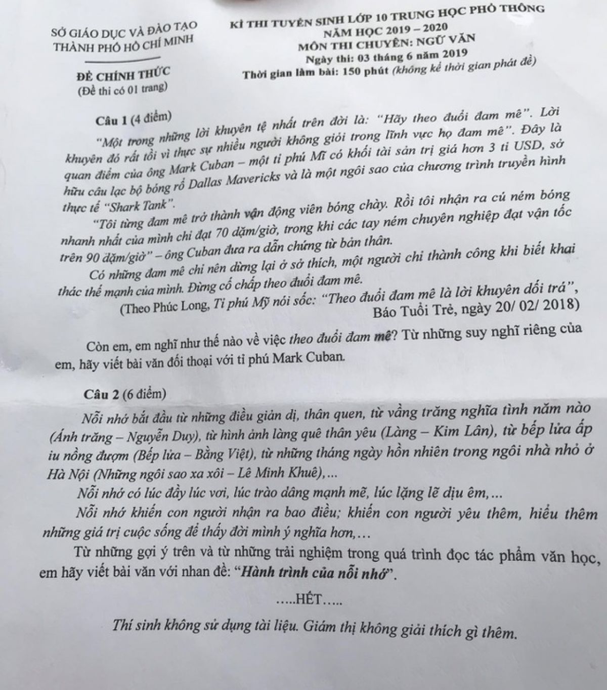 Đề thi tuyển sinh v&agrave;o lớp 10 THPT CHUY&Ecirc;N m&ocirc;n Ngữ Văn Th&agrave;nh phố Hồ Ch&iacute; Minh năm 2019