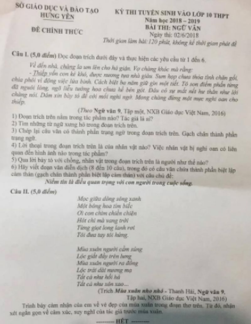 Đề thi tuyển sinh vào lớp 10 THPT môn Ngữ Văn tỉnh Hưng Yên năm 2018