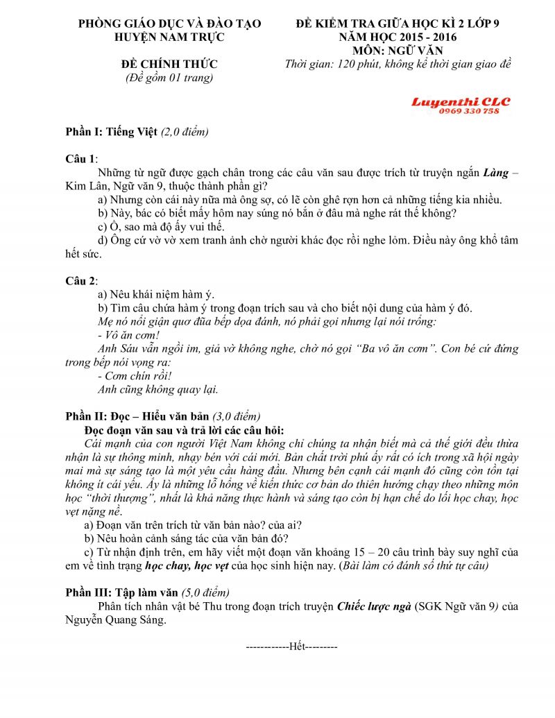 Đề kiểm tra giữa học kì II môn Ngữ Văn lớp 9 tỉnh Nam Định năm 2015