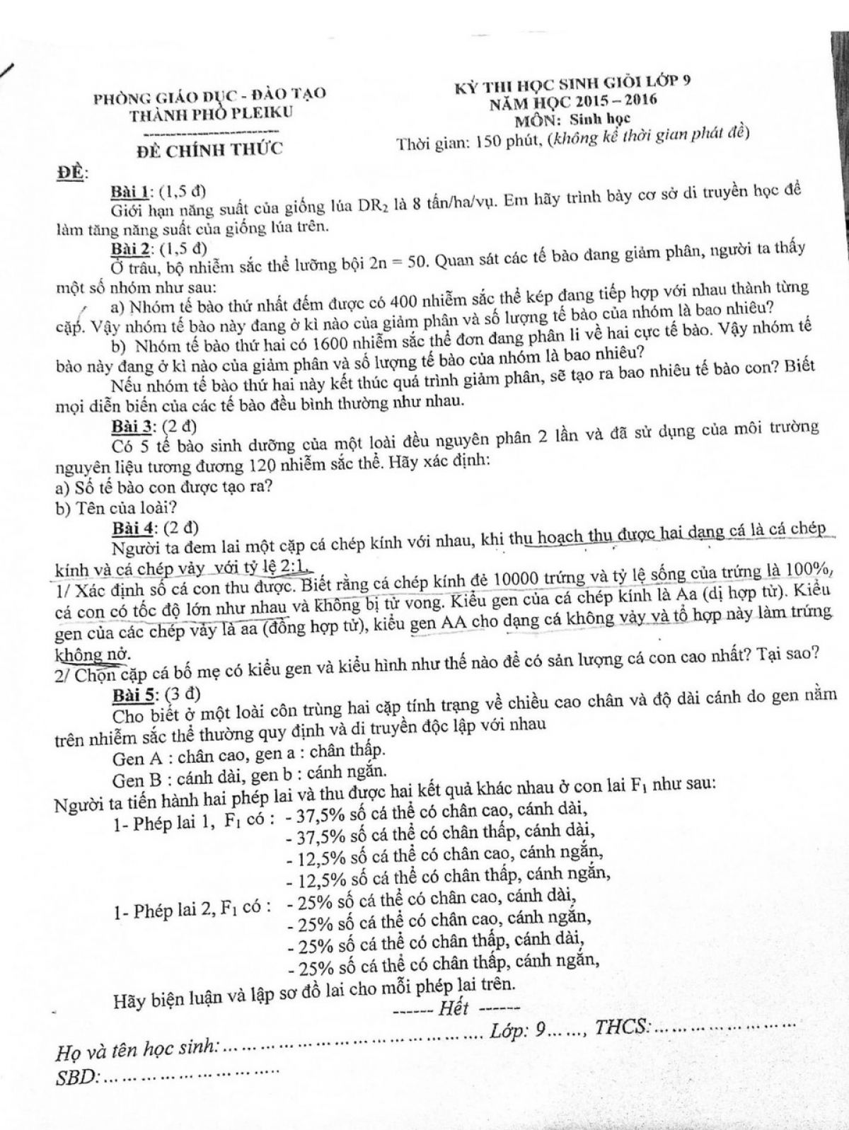 Đề thi chọ HSG m&ocirc;n Sinh học lớp 9 tại Pleiku năm 2016