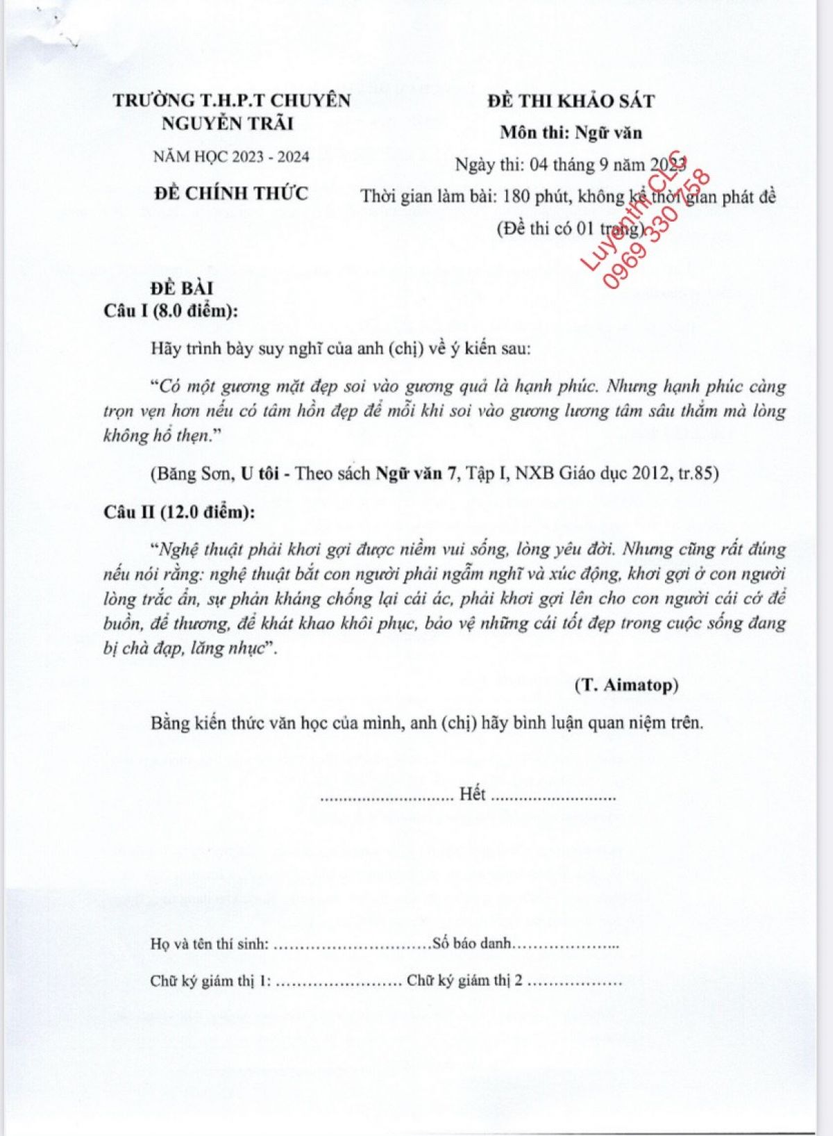 Đề thi khảo sát và đáp án môn Ngữ Văn Trường THPT Chuyên Nguyễn Trãi năm 2023