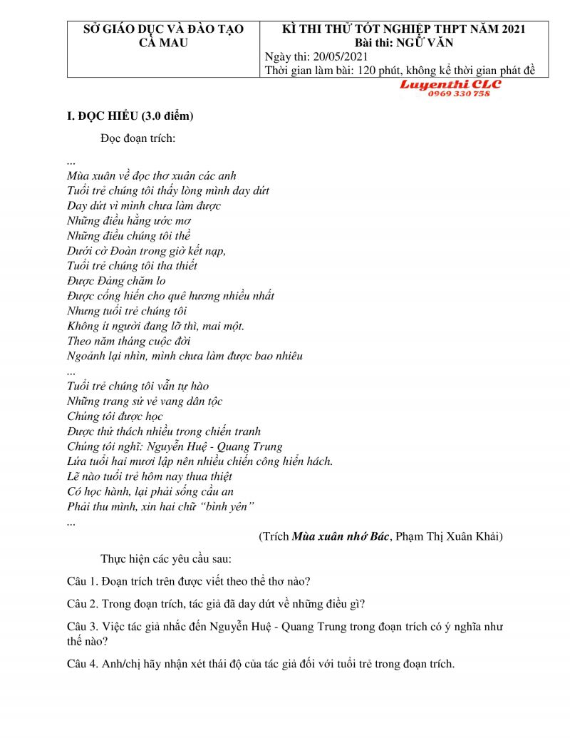 Đề thi thử THPT Quốc Gia m&ocirc;n Ngữ Văn tỉnh C&agrave; Mau năm 2021