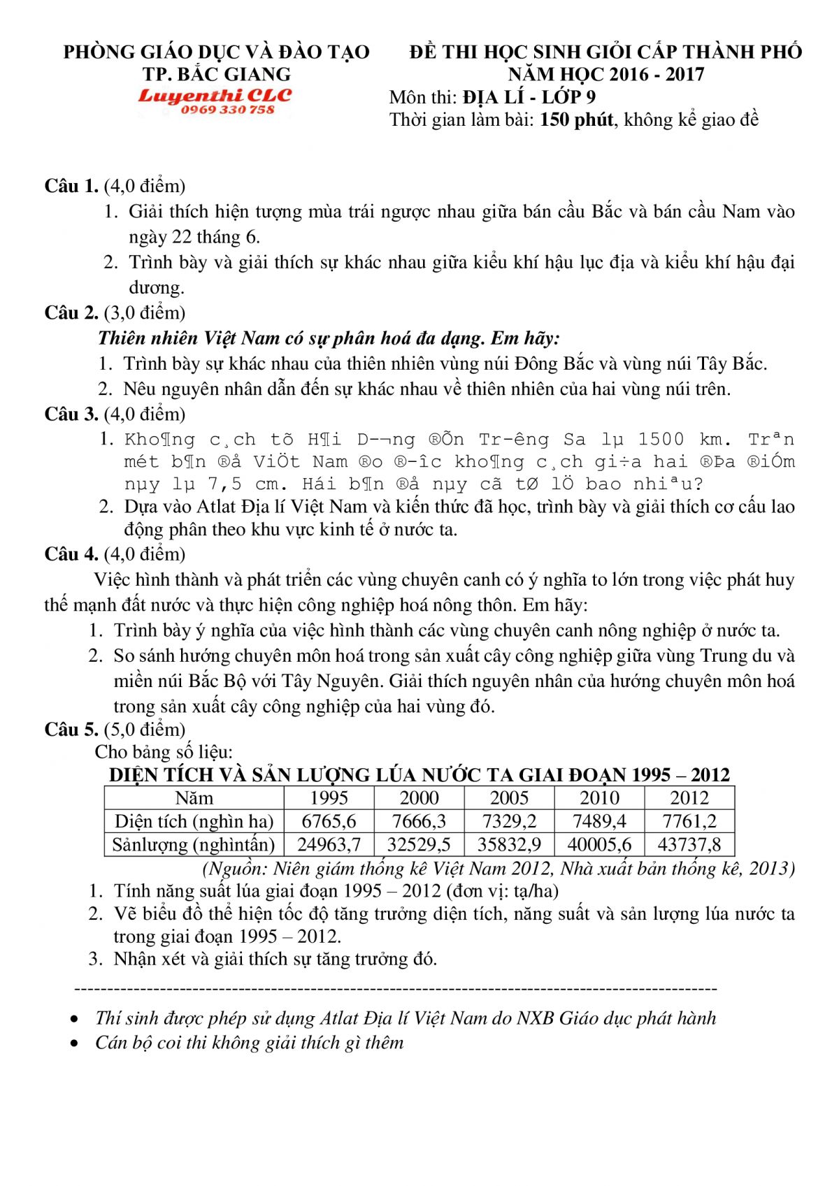 Đề thi chọn HSG cấp th&agrave;nh phố m&ocirc;n Địa L&iacute; lớp 9 tỉnh Bắc Giang năm 2016