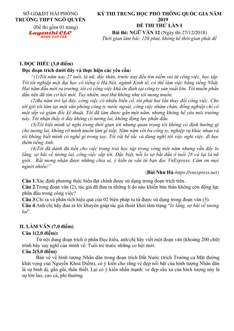 Đề thi thử THPT Quốc Gia lần 1 m&ocirc;n Ngữ Văn Trường THPT Ng&ocirc; Quyền, Hải Ph&ograve;ng năm 2019