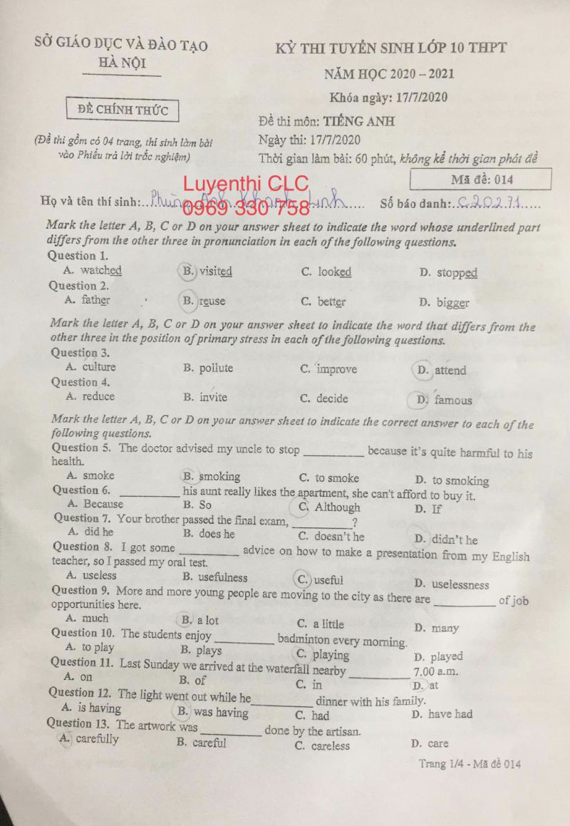 Đề thi môn Tiếng Anh (điều kiện) - tuyển sinh vào lớp 10 THPT thành phố Hà Nội năm 2020 (thi chiều ngày 17/7/2020)