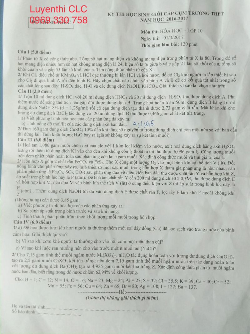 Đề thi HSG cấp cụm trường THPT m&ocirc;n H&oacute;a Học lớp 10 năm 2017